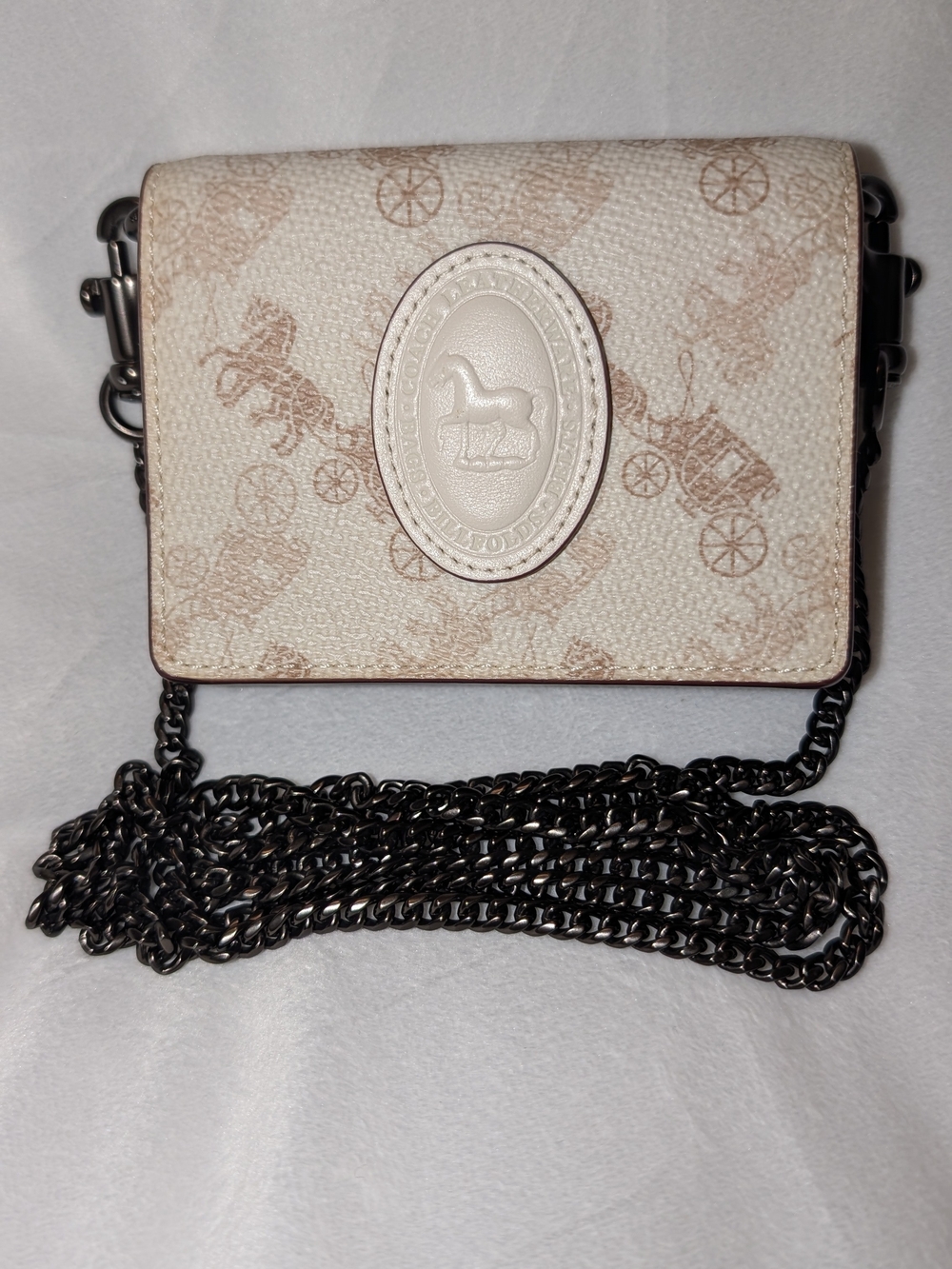 Coach Accordion Card Case W/ Chain Horse Carriage Print Archive Patch Chalk EUC